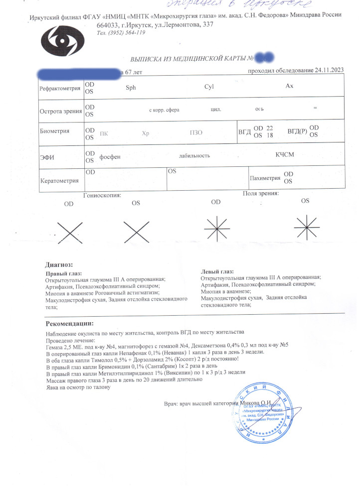 Коррекция астигматизма после замены хрусталика на фоне глаукомы