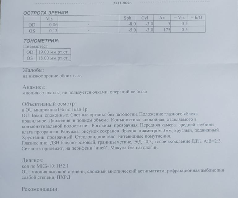 Сомнения в отказе в лазерной коррекции зрения при высокой миопии и астигматизме